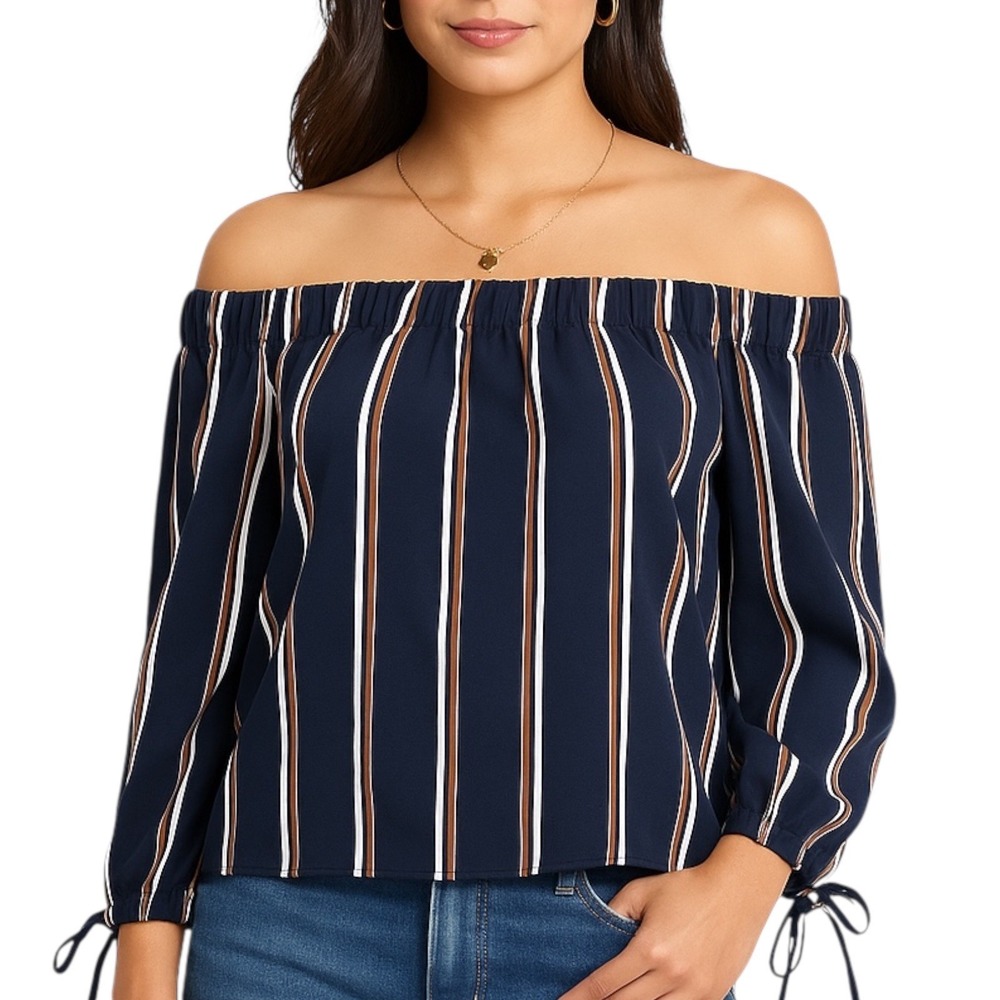 JOA Los Angeles Navy Striped Off Shoulder Blouse Womens Large Coastal Preppy